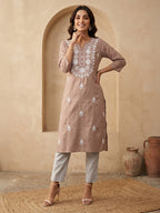 Janasya Brown Straight Silk Blend Kurta | Grocsy