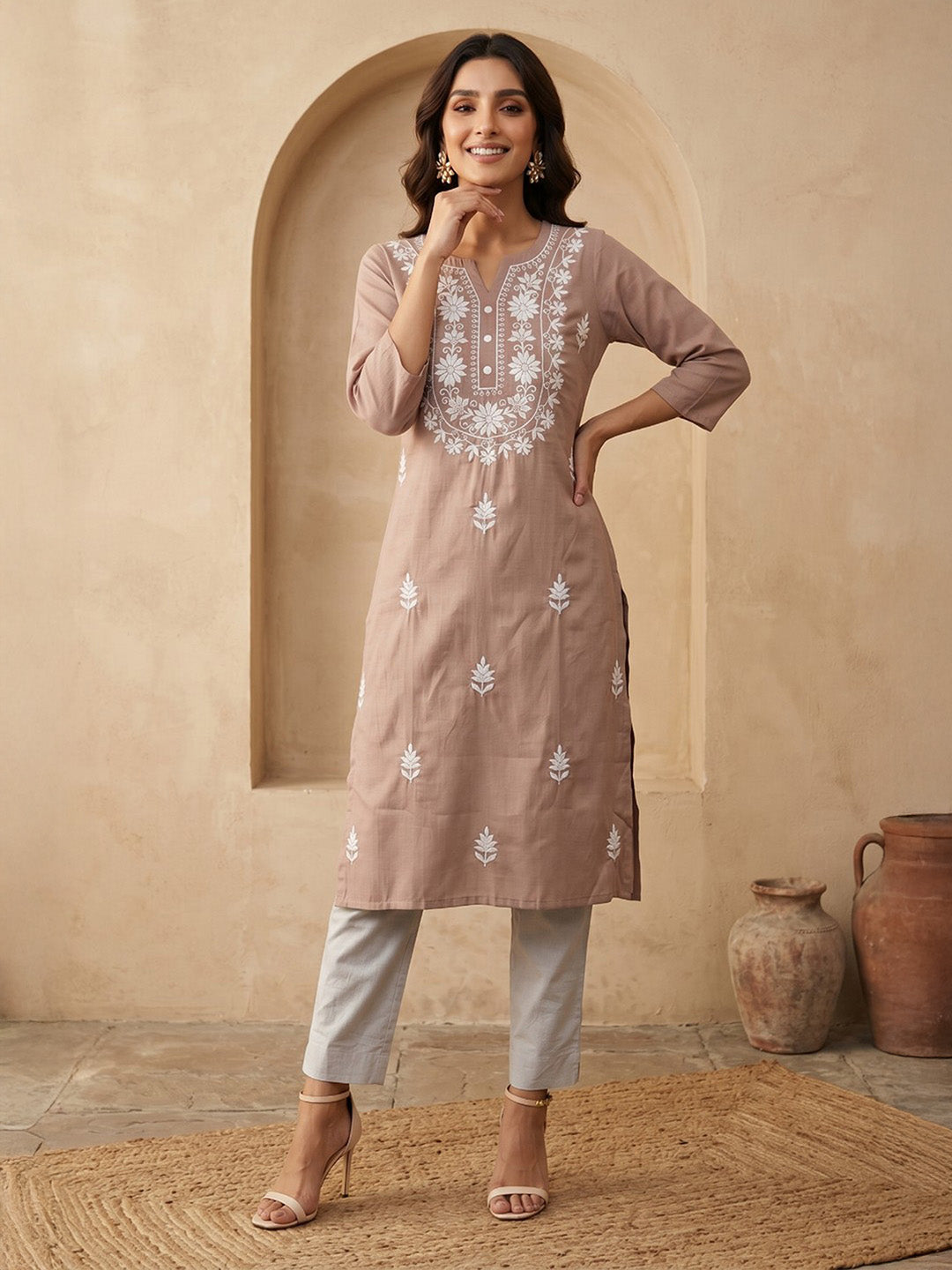 Janasya Brown Straight Silk Blend Kurta | Grocsy