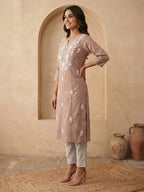 Janasya Brown Straight Silk Blend Kurta | Grocsy