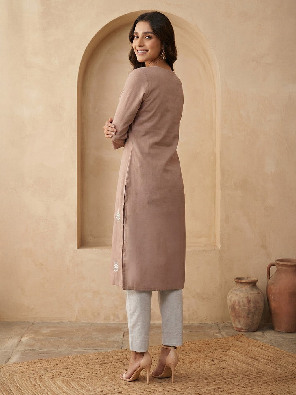 Janasya Brown Straight Silk Blend Kurta | Grocsy