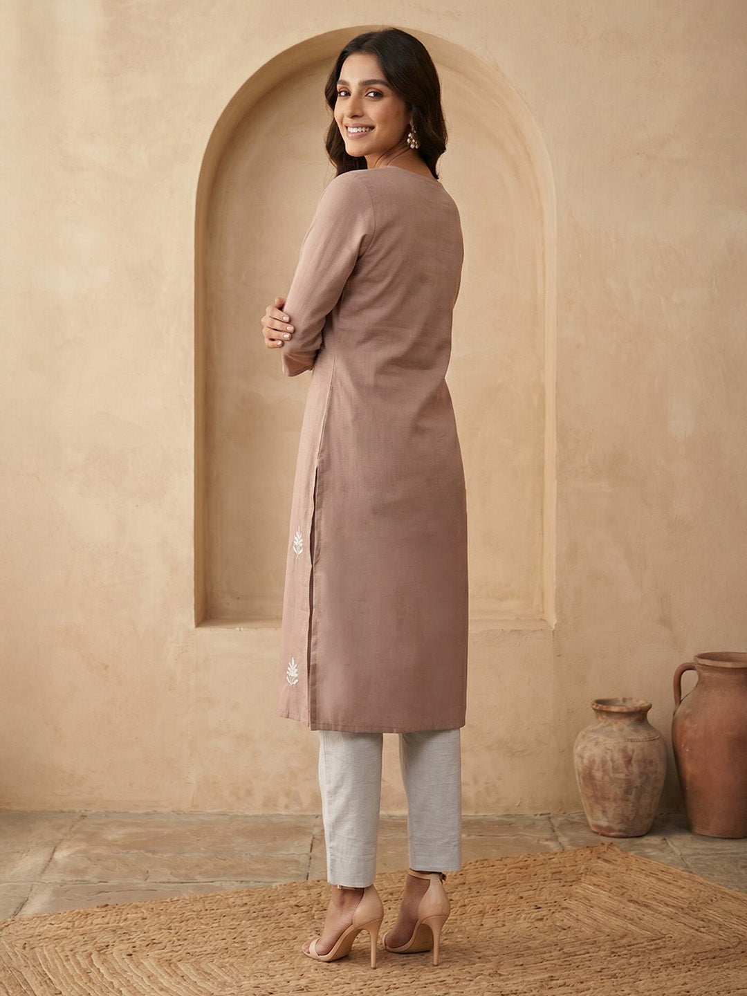 Janasya Brown Straight Silk Blend Kurta | Grocsy