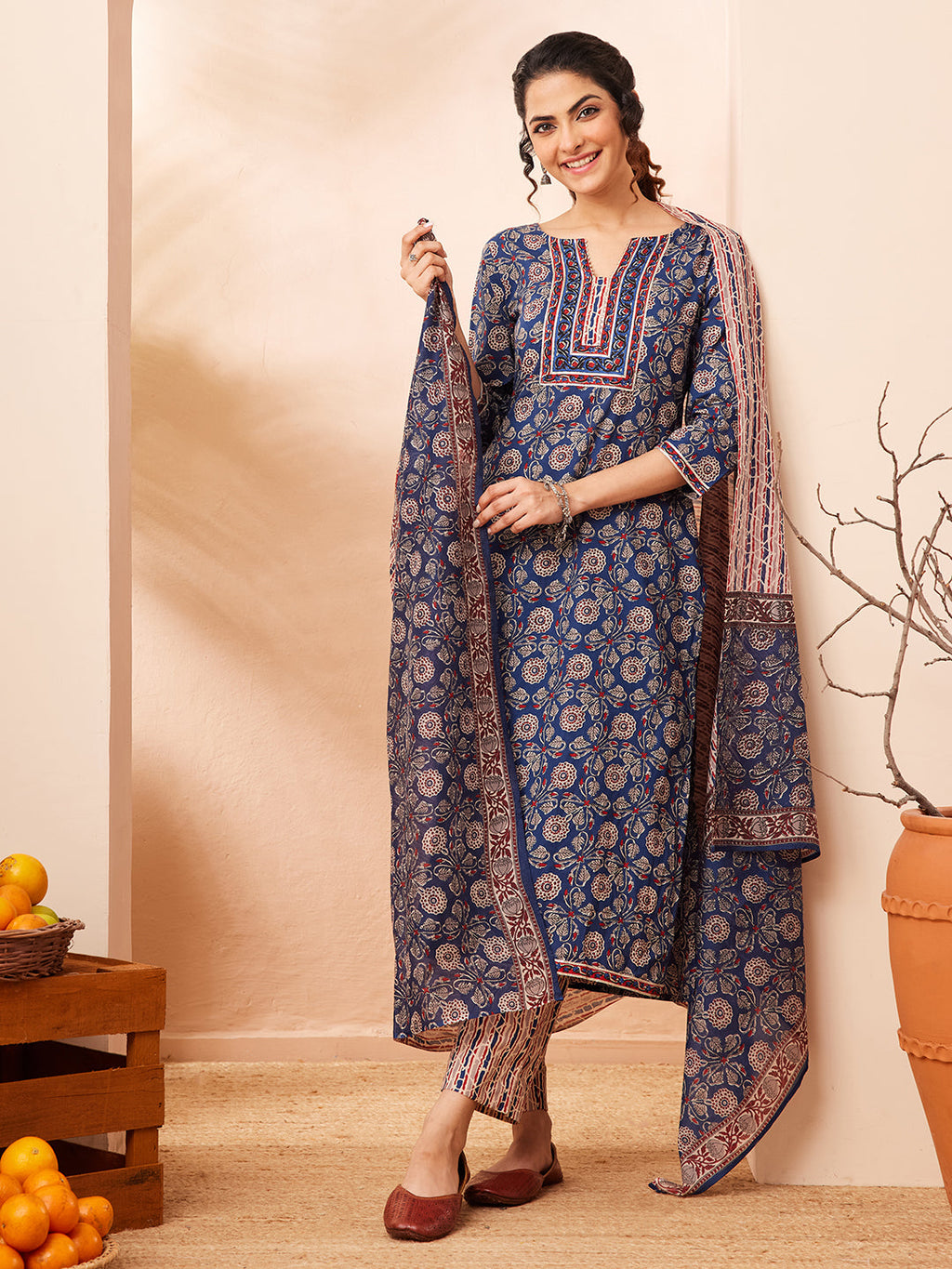 Janasya Blue Straight Cotton Kurta,Bottom & Dupatta | Grocsy