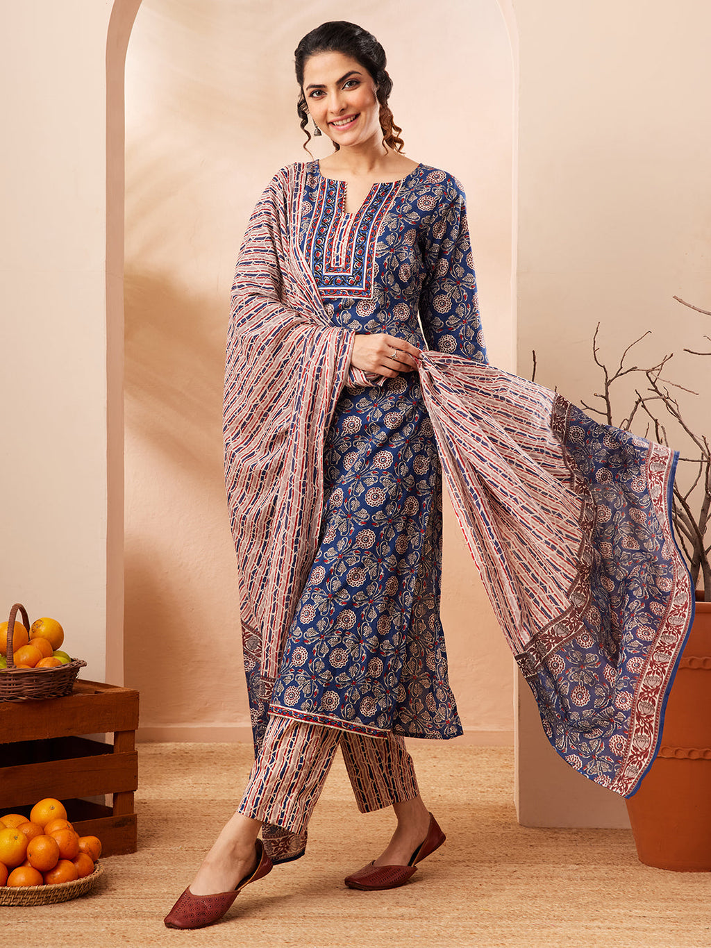 Janasya Blue Straight Cotton Kurta,Bottom & Dupatta | Grocsy