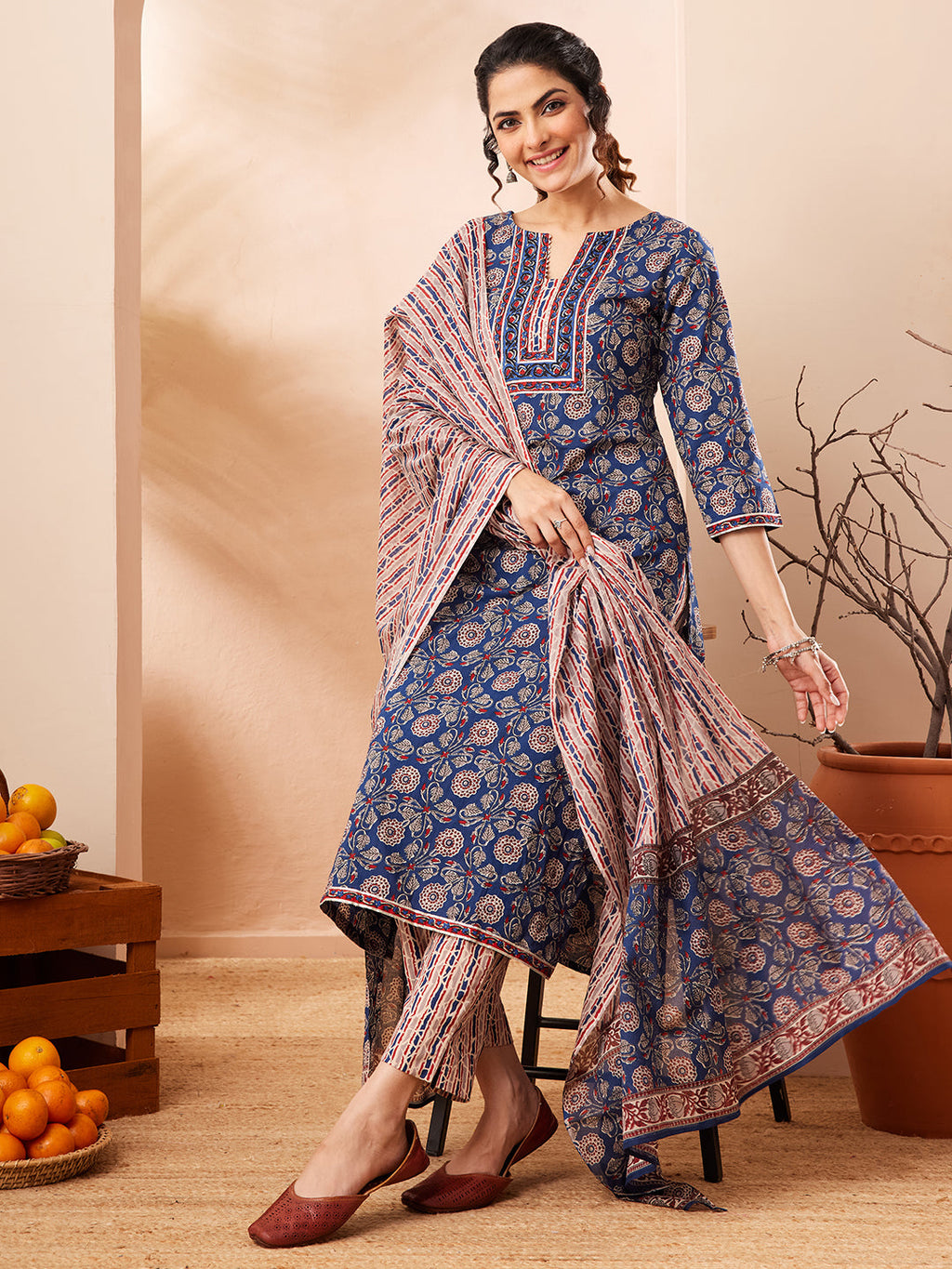 Janasya Blue Straight Cotton Kurta,Bottom & Dupatta | Grocsy