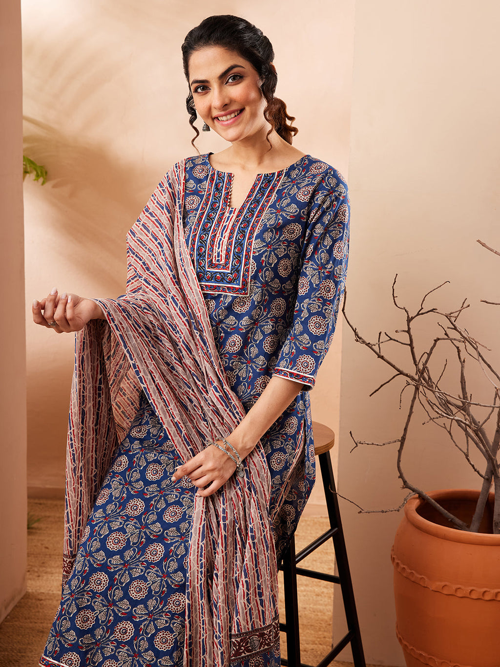Janasya Blue Straight Cotton Kurta,Bottom & Dupatta | Grocsy