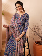 Janasya Blue Straight Cotton Kurta,Bottom & Dupatta | Grocsy