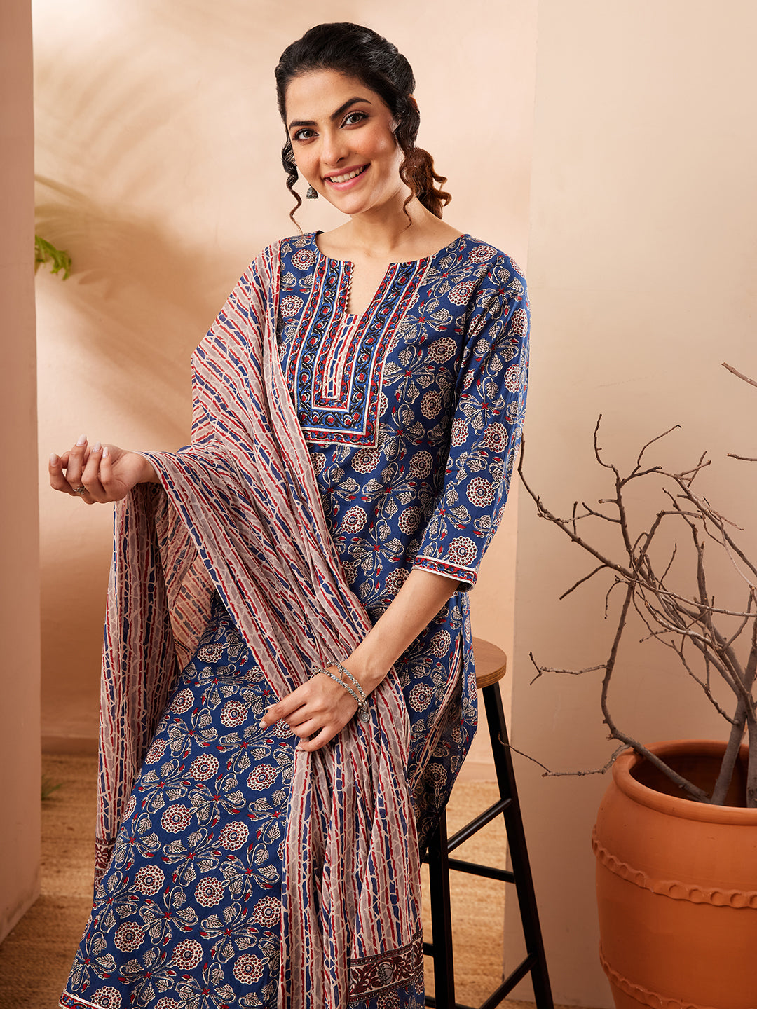Janasya Blue Straight Cotton Kurta,Bottom & Dupatta | Grocsy