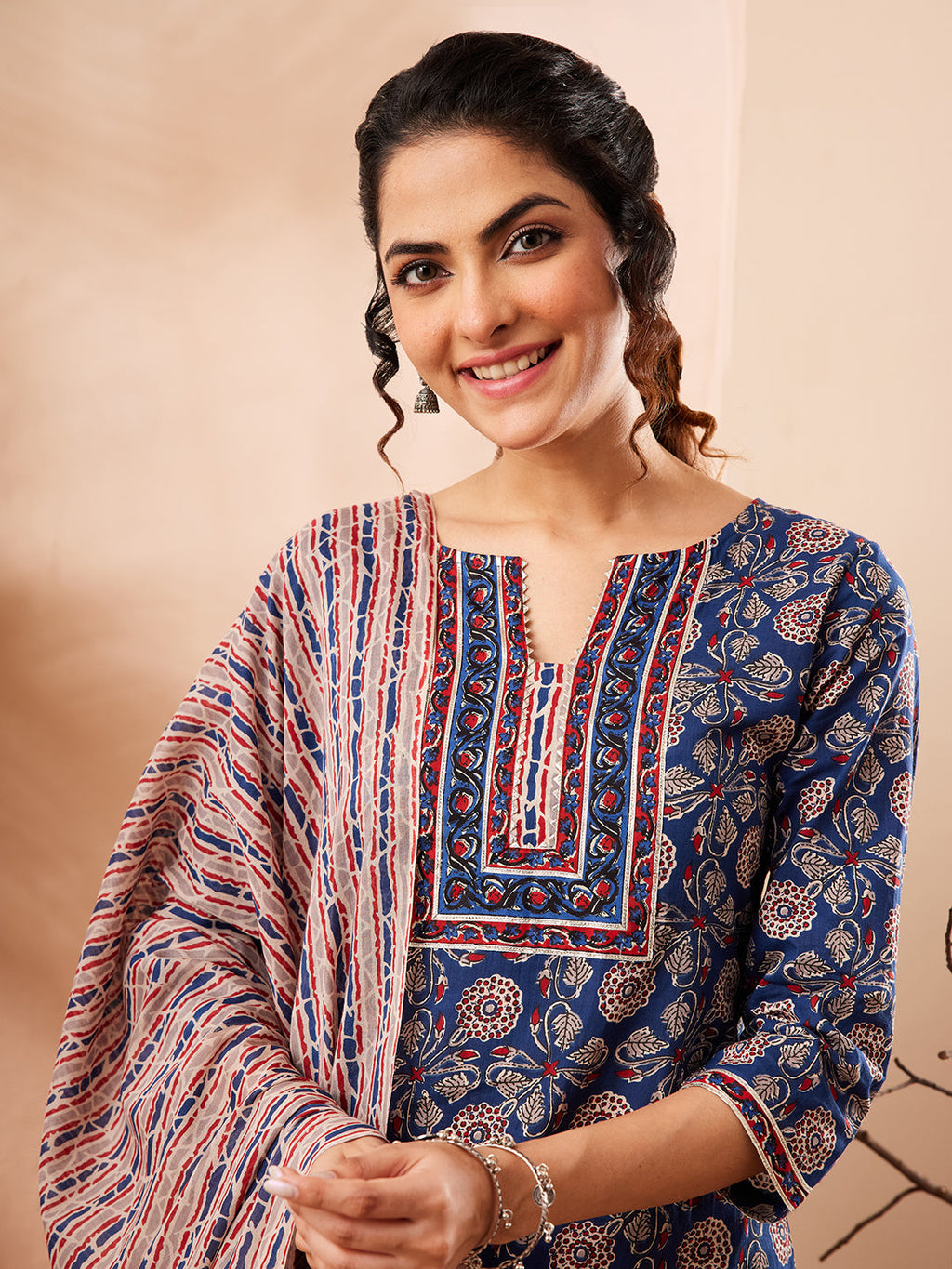 Janasya Blue Straight Cotton Kurta,Bottom & Dupatta | Grocsy