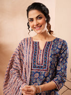 Janasya Blue Straight Cotton Kurta,Bottom & Dupatta | Grocsy
