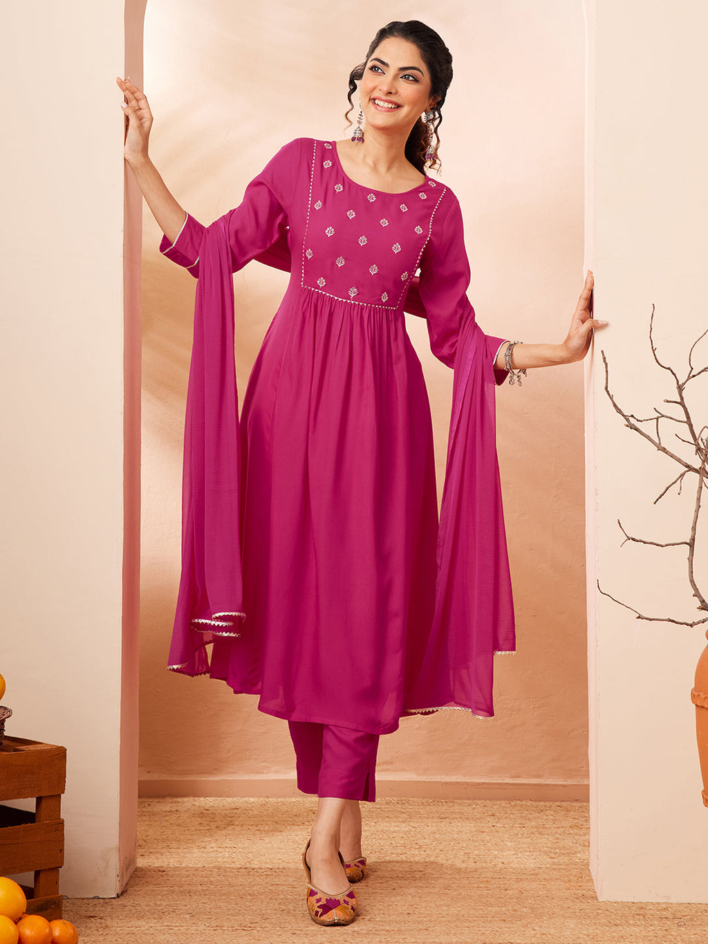 Janasya Pink A-Line Rayon Kurta,Bottom & Dupatta | Grocsy