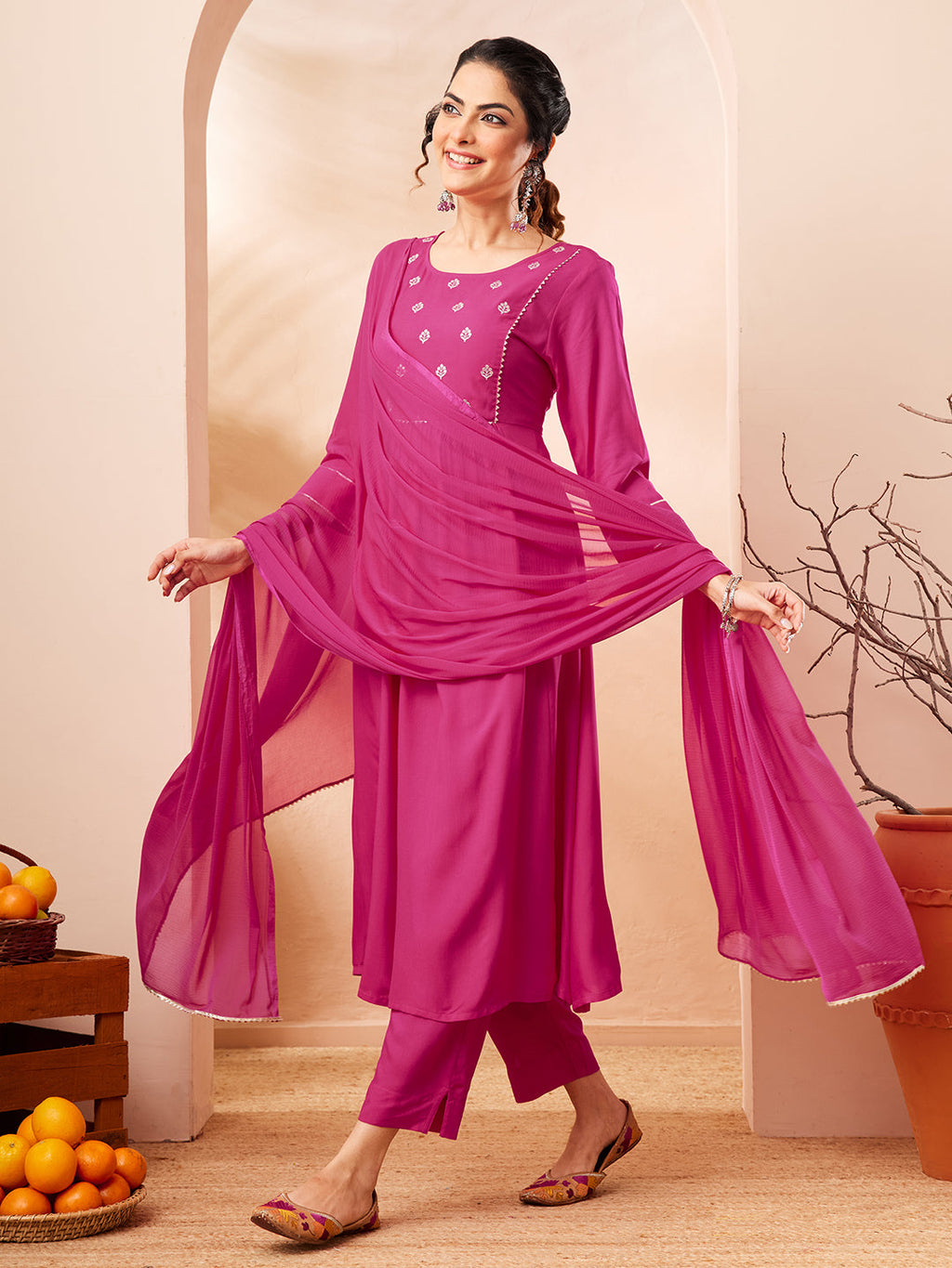 Janasya Pink A-Line Rayon Kurta,Bottom & Dupatta | Grocsy