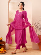 Janasya Pink A-Line Rayon Kurta,Bottom & Dupatta | Grocsy