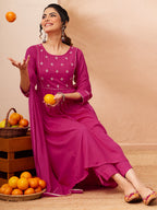 Janasya Pink A-Line Rayon Kurta,Bottom & Dupatta | Grocsy