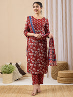 Janasya Maroon Straight Cotton Kurta,Bottom & Dupatta | Grocsy