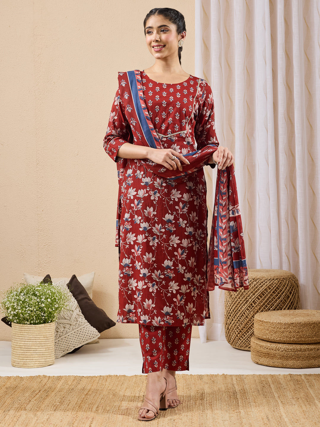 Janasya Maroon Straight Cotton Kurta,Bottom & Dupatta | Grocsy