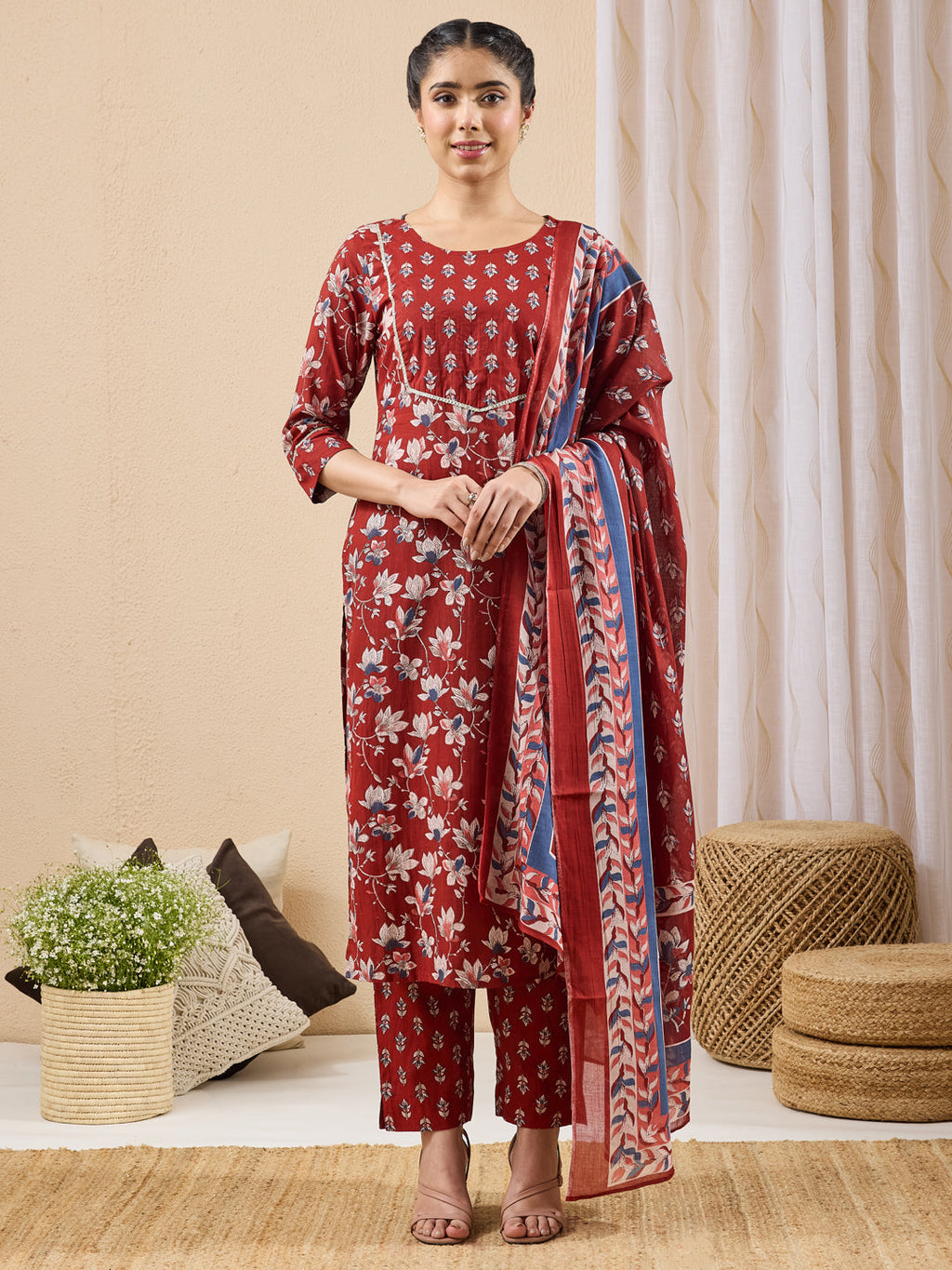 Janasya Maroon Straight Cotton Kurta,Bottom & Dupatta | Grocsy