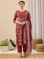 Janasya Maroon Straight Cotton Kurta,Bottom & Dupatta | Grocsy