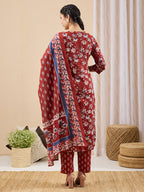 Janasya Maroon Straight Cotton Kurta,Bottom & Dupatta | Grocsy