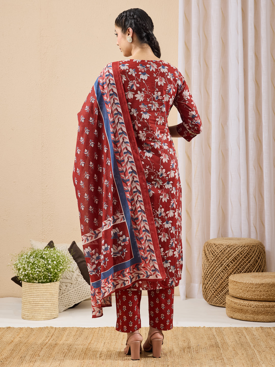 Janasya Maroon Straight Cotton Kurta,Bottom & Dupatta | Grocsy