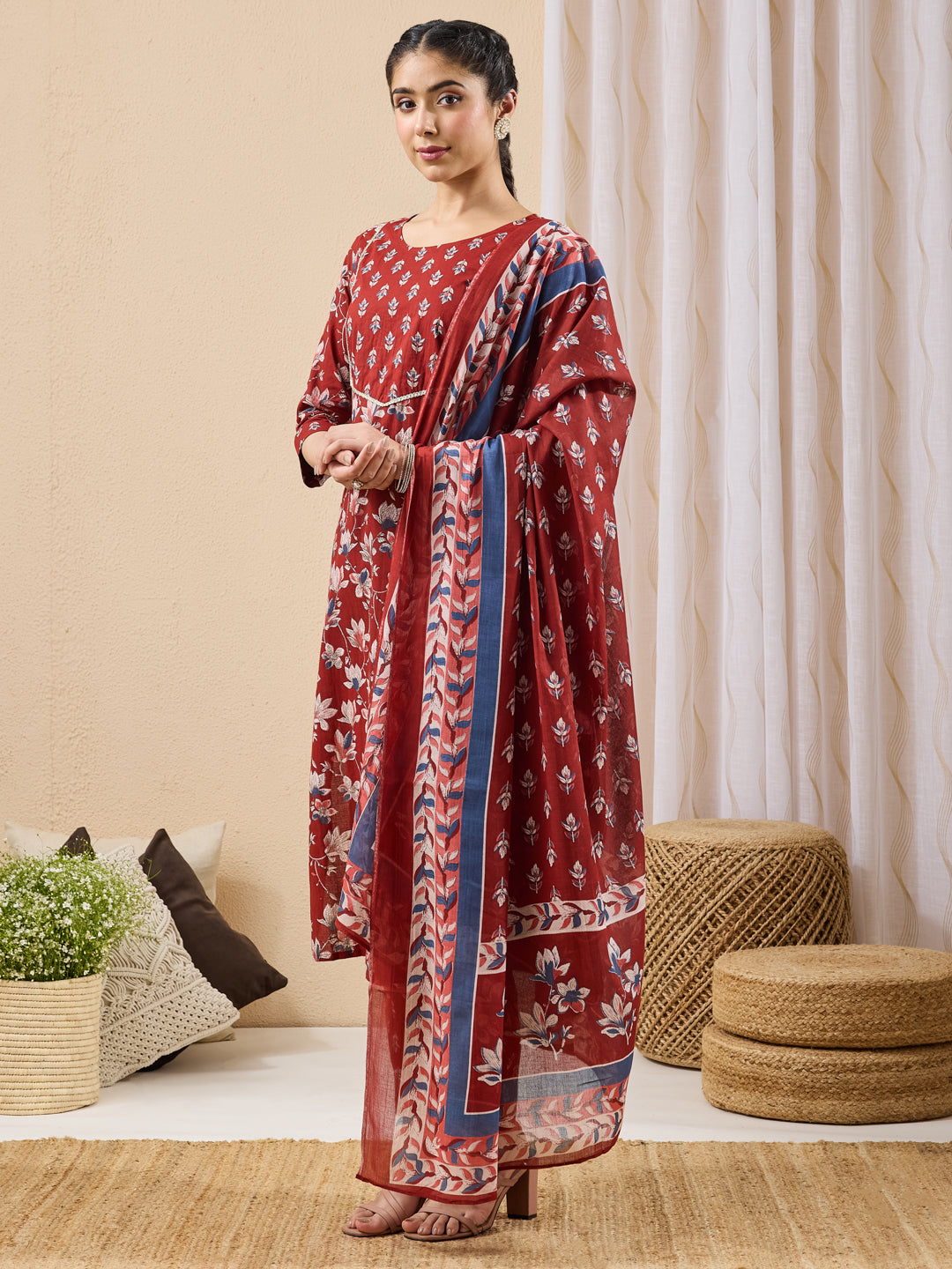 Janasya Maroon Straight Cotton Kurta,Bottom & Dupatta | Grocsy