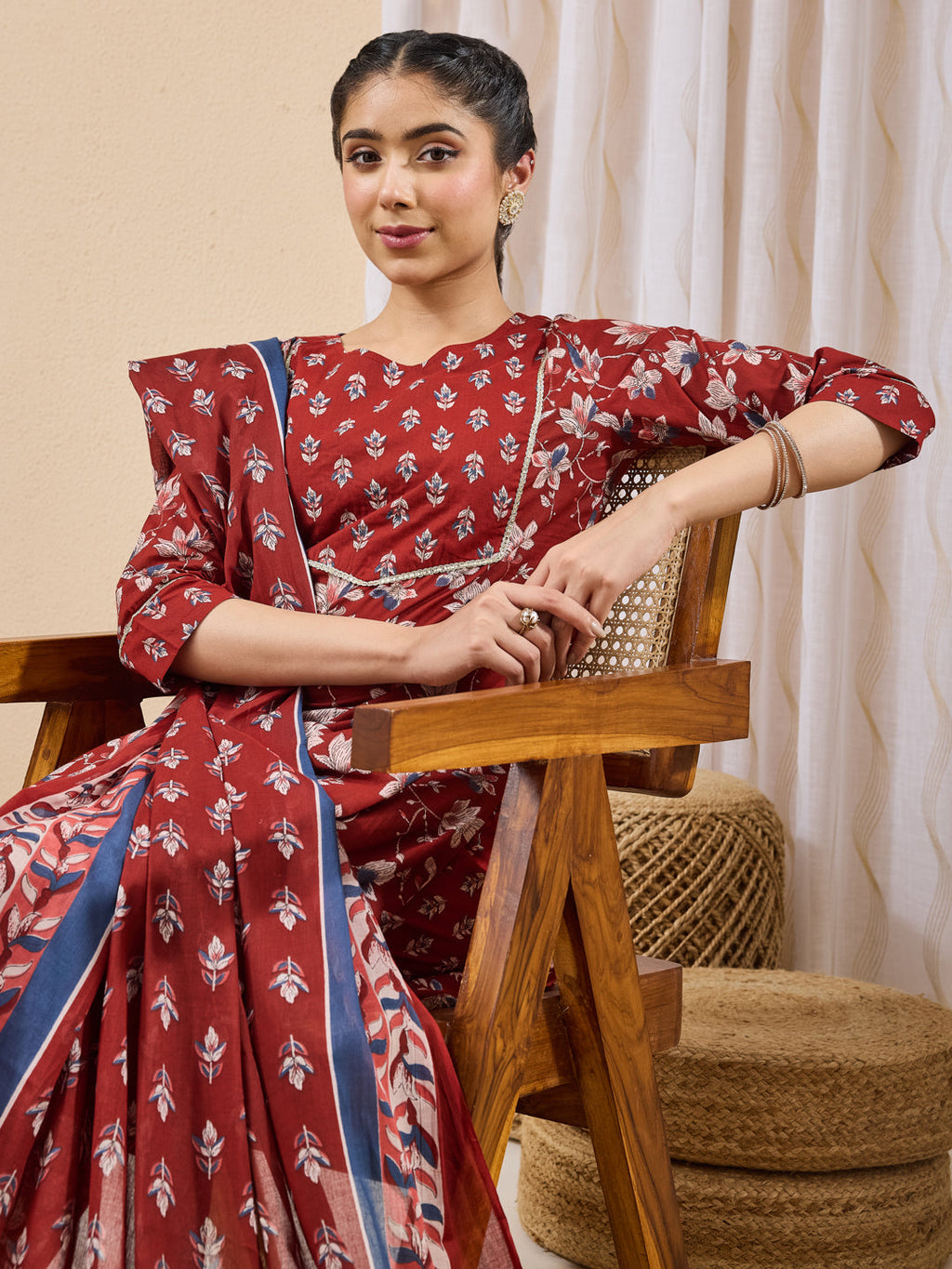 Janasya Maroon Straight Cotton Kurta,Bottom & Dupatta | Grocsy