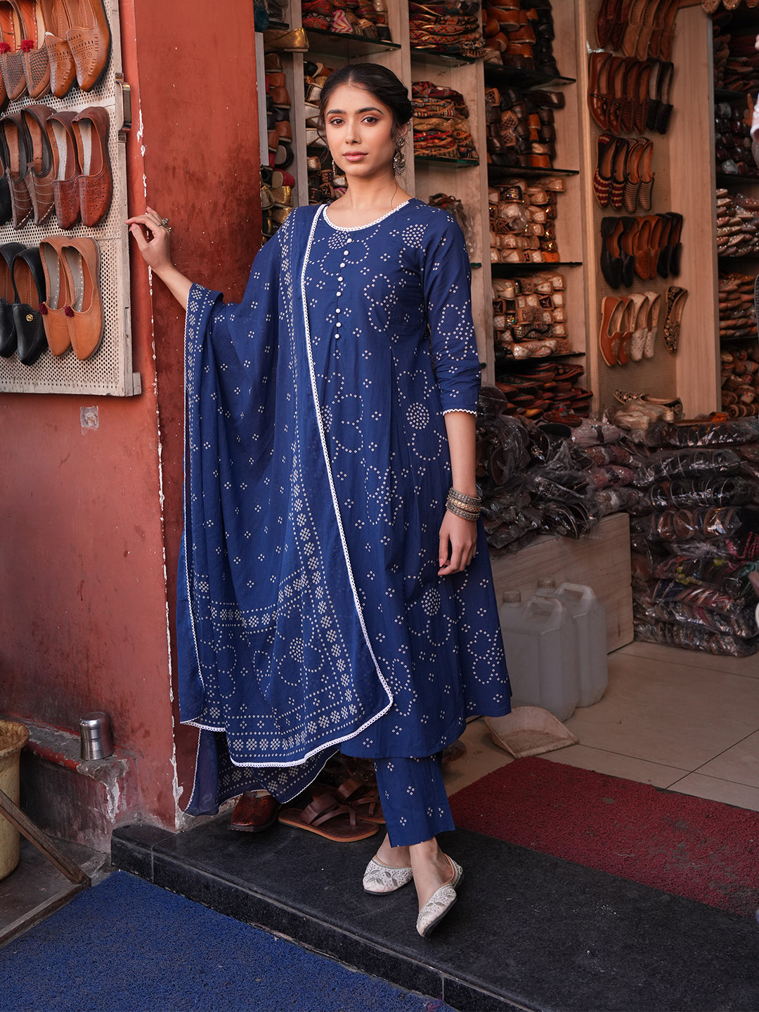 Janasya Blue A-Line Cotton Kurta,Bottom & Dupatta | Grocsy
