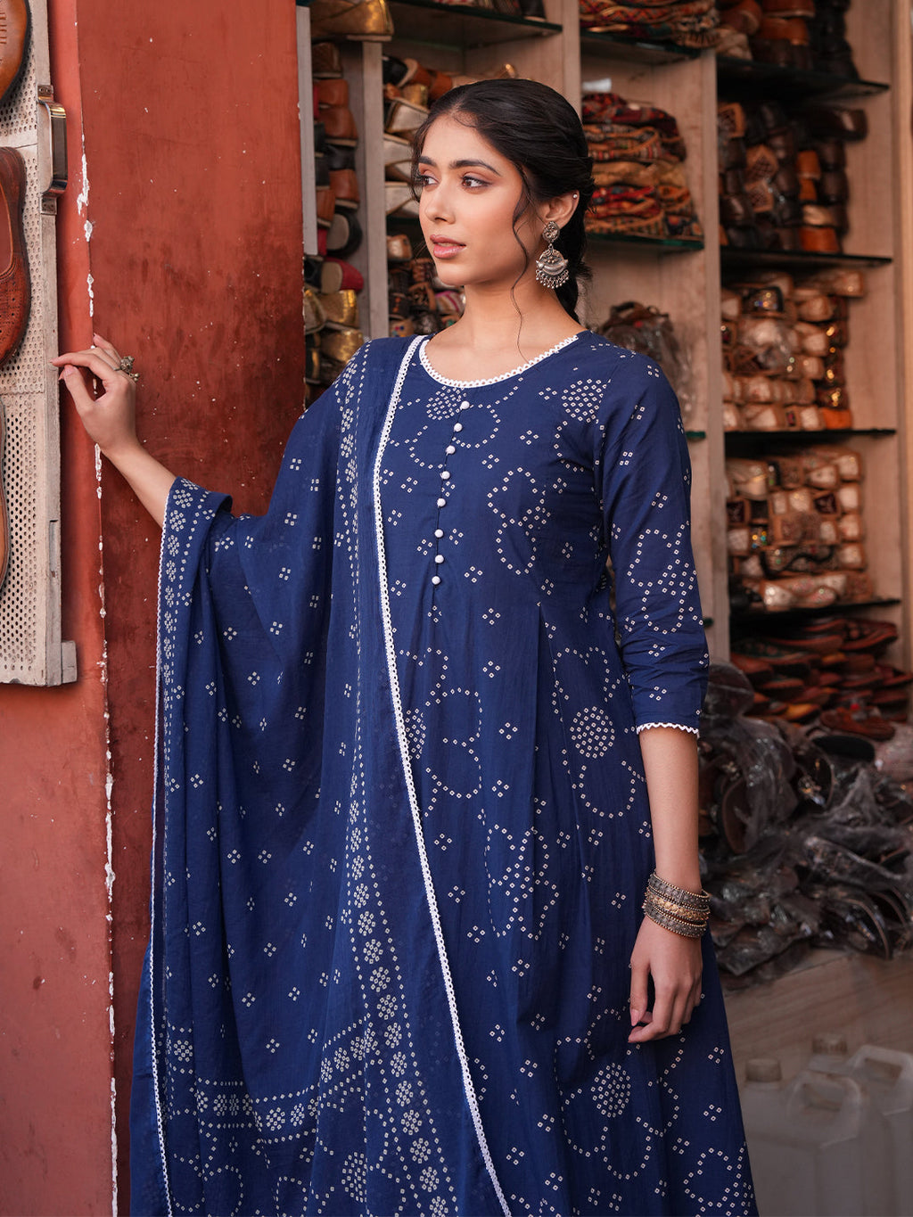 Janasya Blue A-Line Cotton Kurta,Bottom & Dupatta | Grocsy
