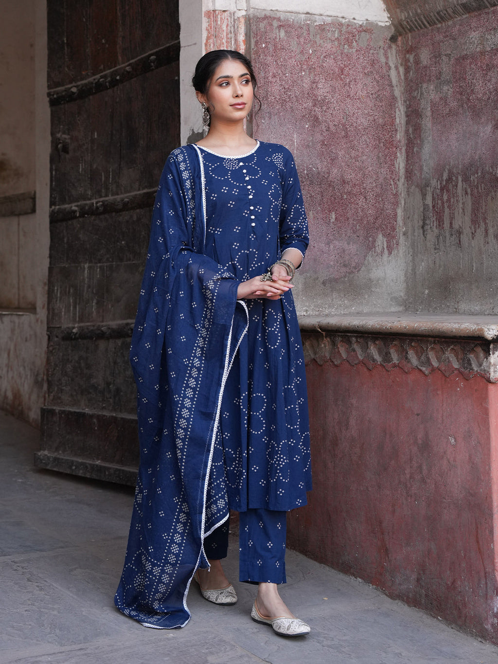 Janasya Blue A-Line Cotton Kurta,Bottom & Dupatta | Grocsy