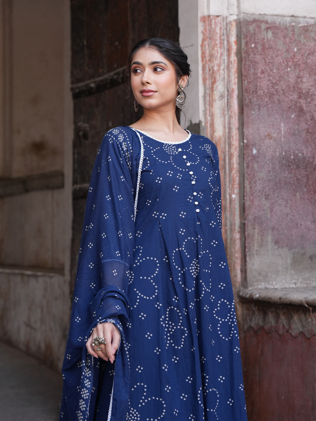 Janasya Blue A-Line Cotton Kurta,Bottom & Dupatta | Grocsy
