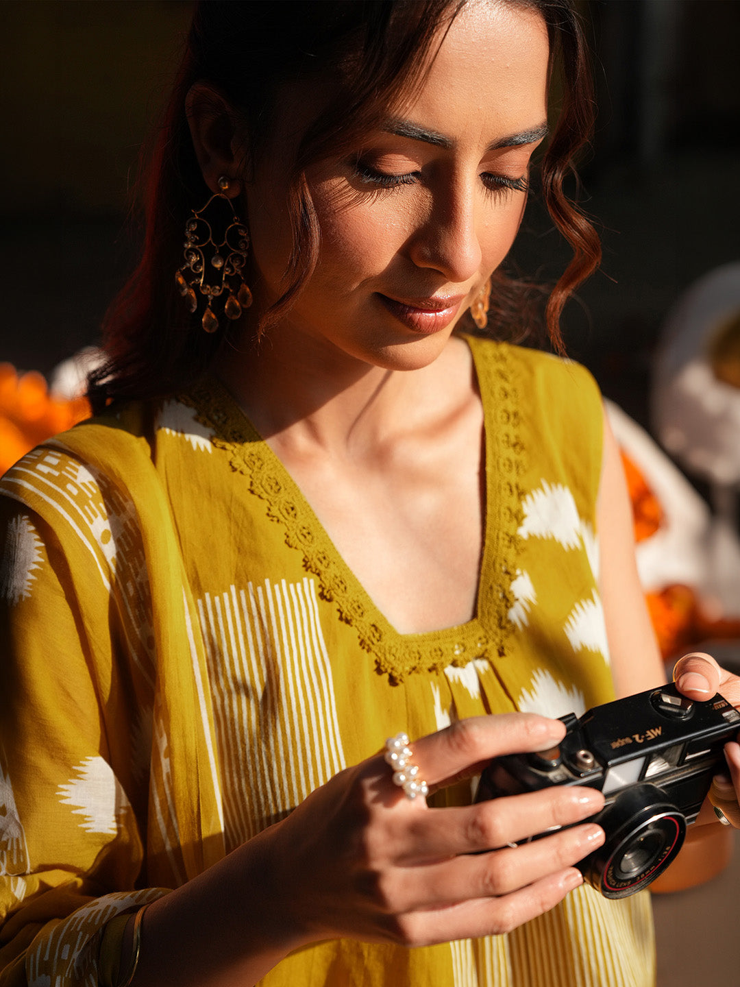 Janasya Mustard A-Line Cotton Kurta,Bottom & Dupatta | Grocsy