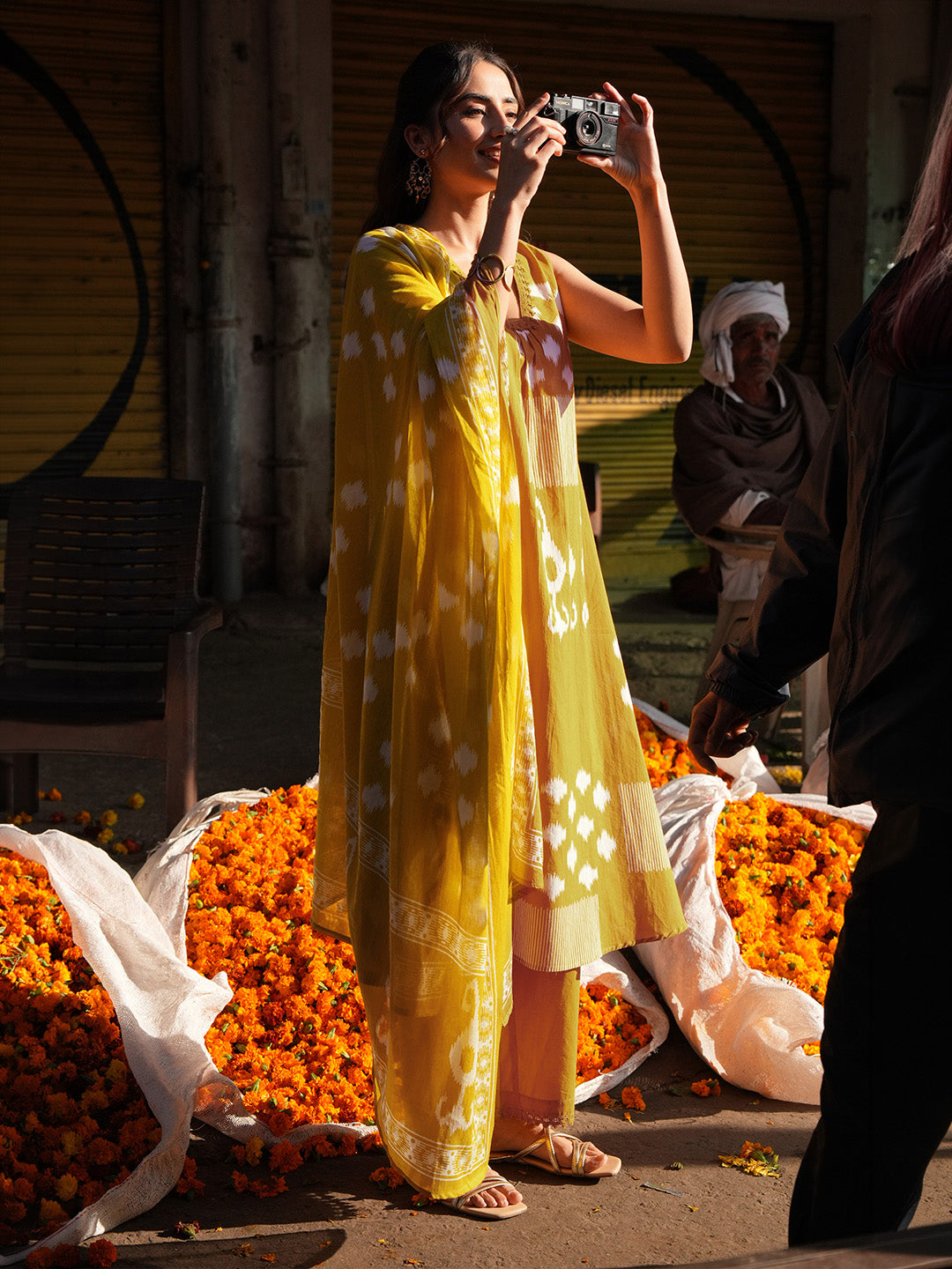 Janasya Mustard A-Line Cotton Kurta,Bottom & Dupatta | Grocsy