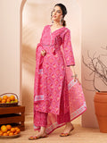 Janasya Pink Straight Cotton Kurta,Bottom & Dupatta | Grocsy