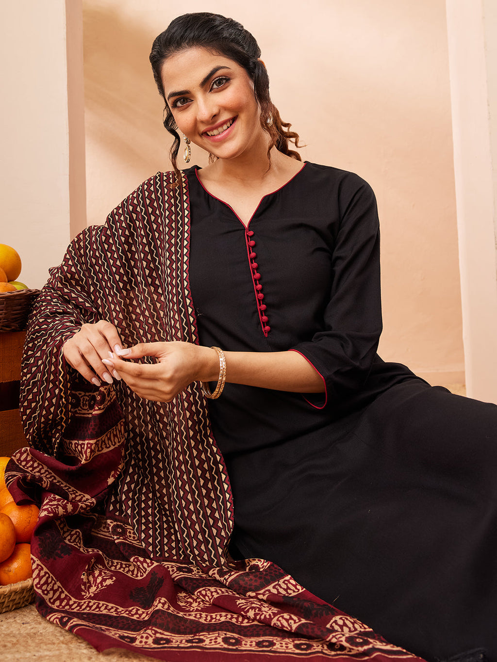 Janasya Black Straight Rayon Kurta,Bottom & Dupatta | Grocsy