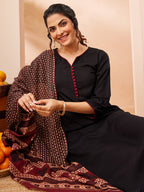 Janasya Black Straight Rayon Kurta,Bottom & Dupatta | Grocsy