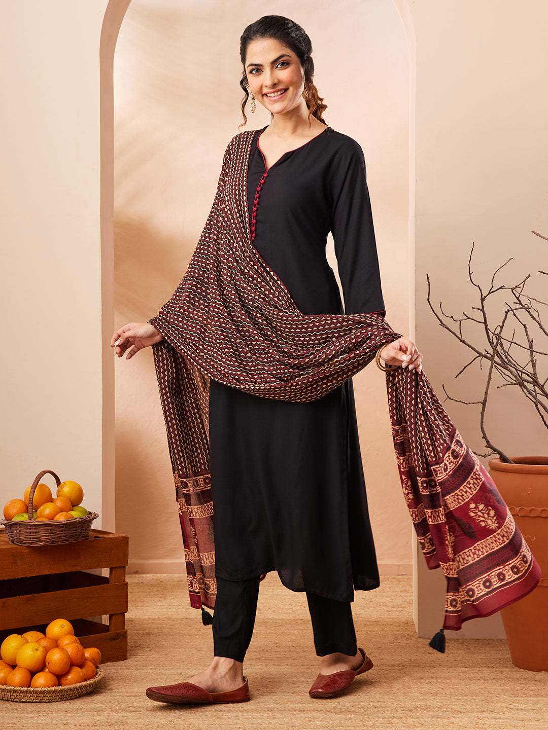 Janasya Black Straight Rayon Kurta,Bottom & Dupatta | Grocsy