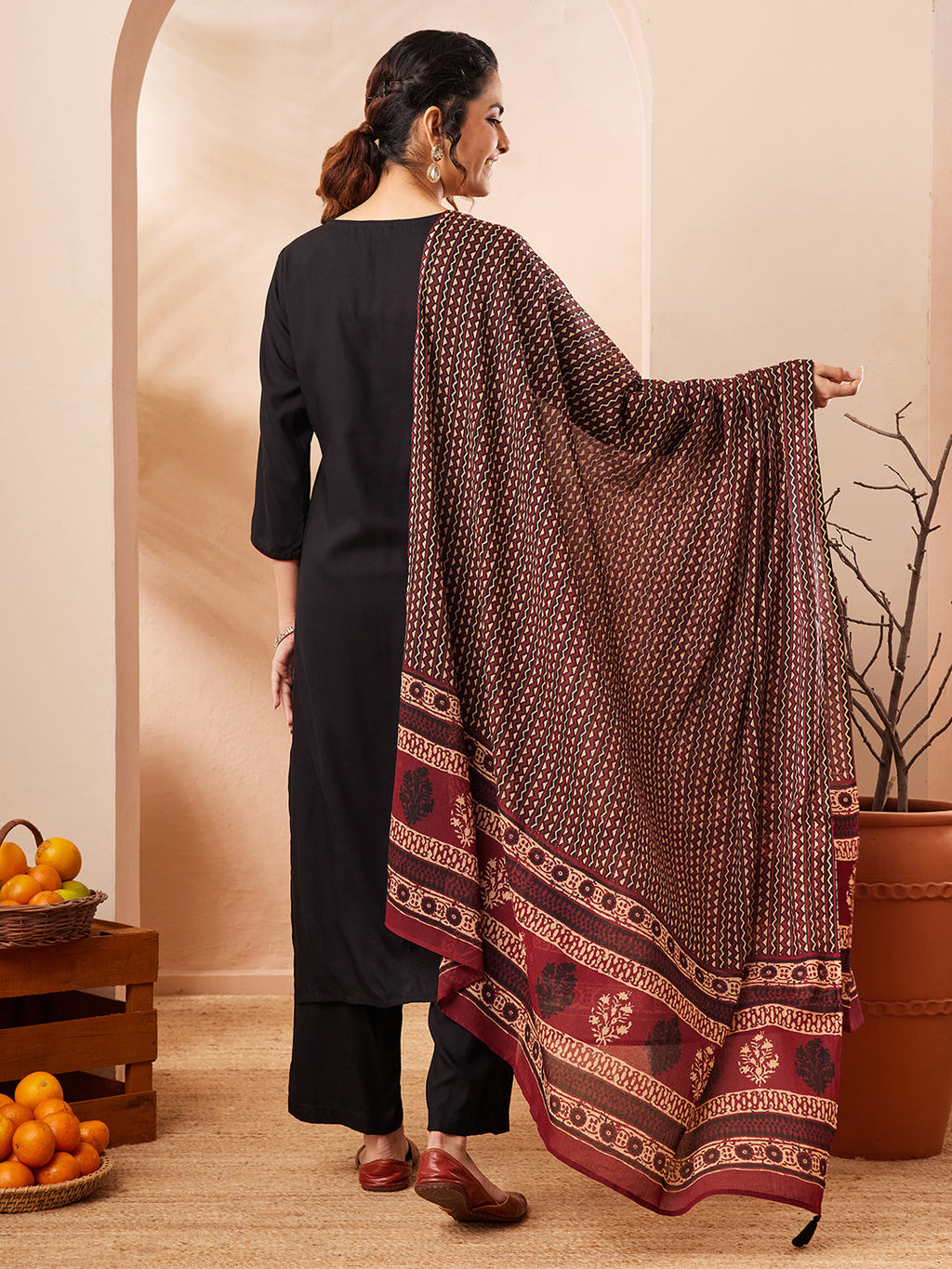 Janasya Black Straight Rayon Kurta,Bottom & Dupatta | Grocsy