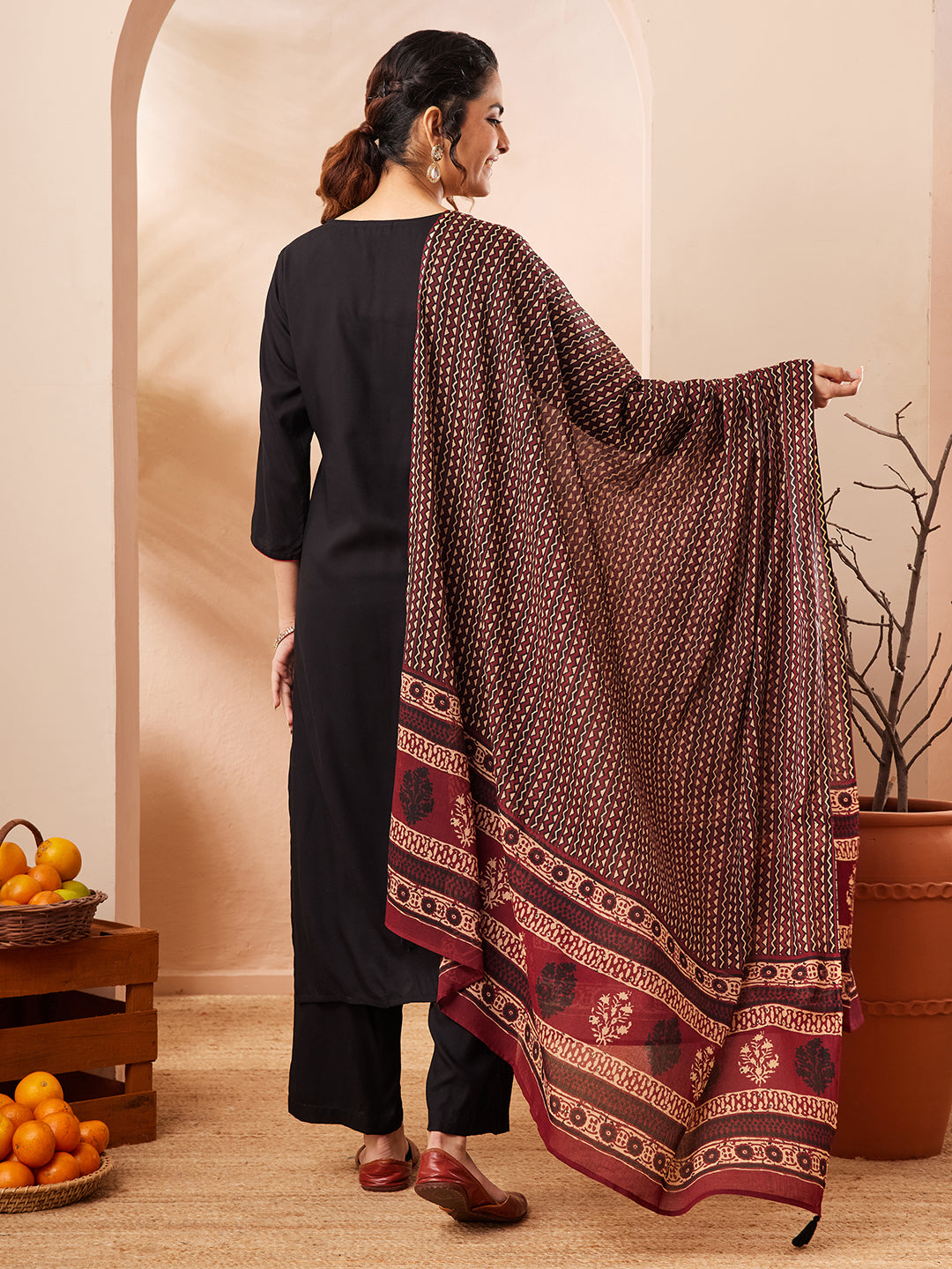 Janasya Black Straight Rayon Kurta,Bottom & Dupatta | Grocsy