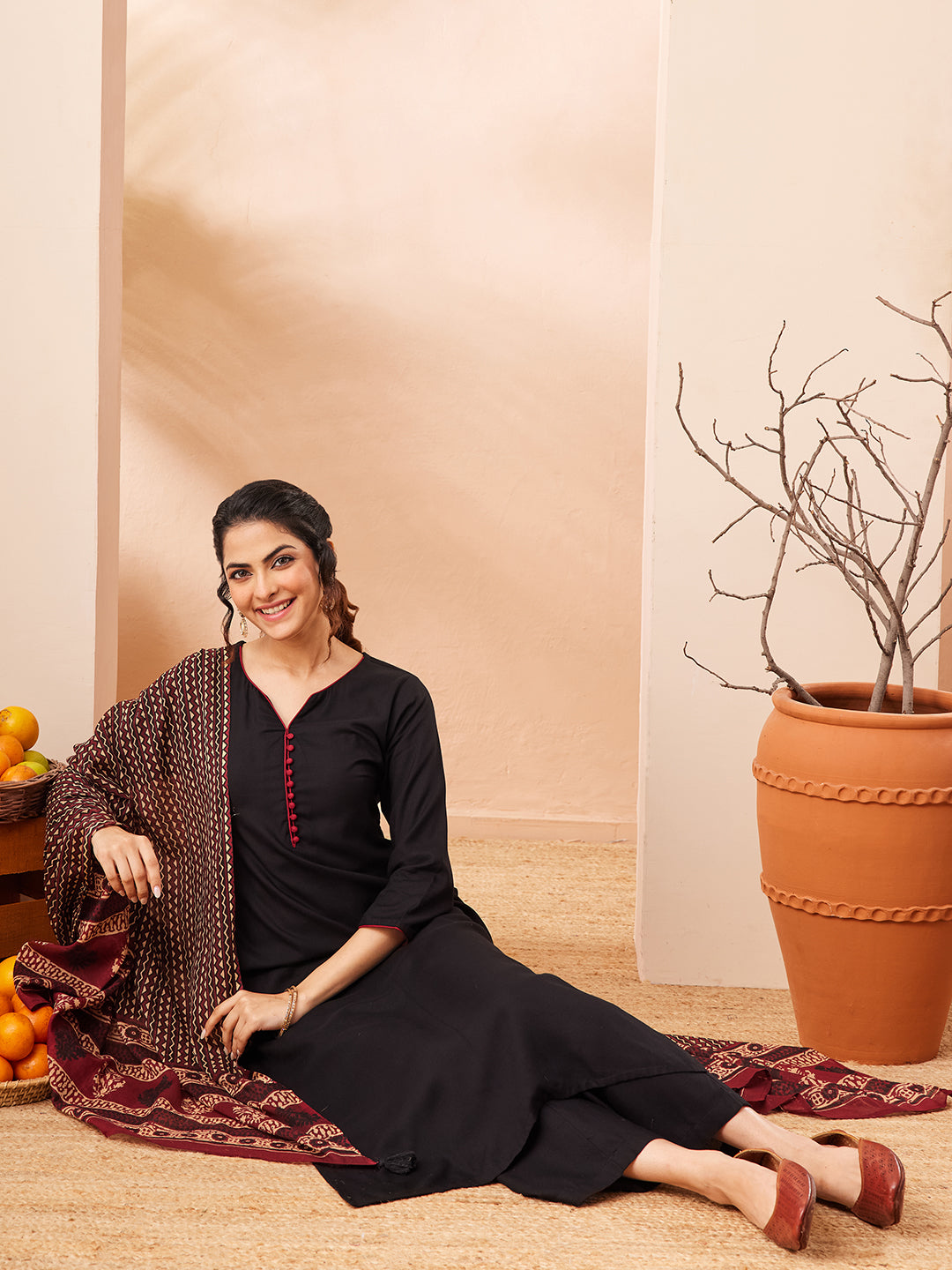 Janasya Black Straight Rayon Kurta,Bottom & Dupatta | Grocsy