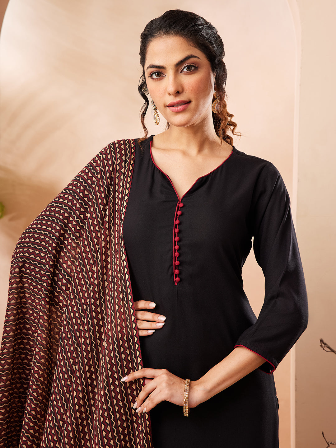 Janasya Black Straight Rayon Kurta,Bottom & Dupatta | Grocsy