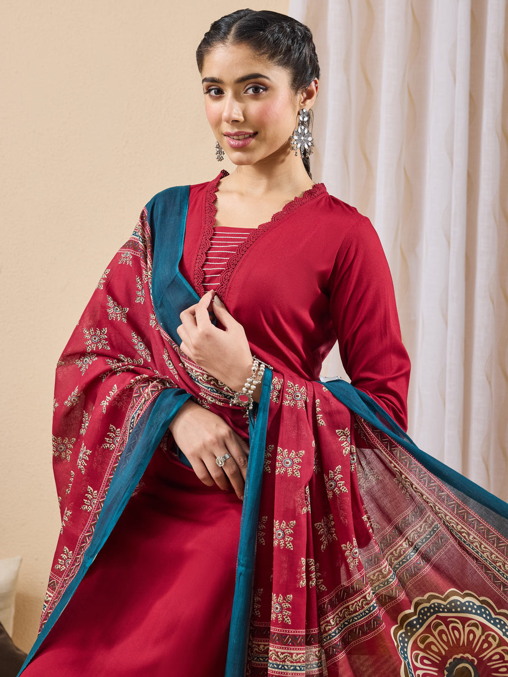 Janasya Maroon Straight Rayon Kurta,Bottom & Dupatta | Grocsy