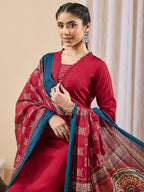 Janasya Maroon Straight Rayon Kurta,Bottom & Dupatta | Grocsy
