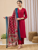 Janasya Maroon Straight Rayon Kurta,Bottom & Dupatta | Grocsy