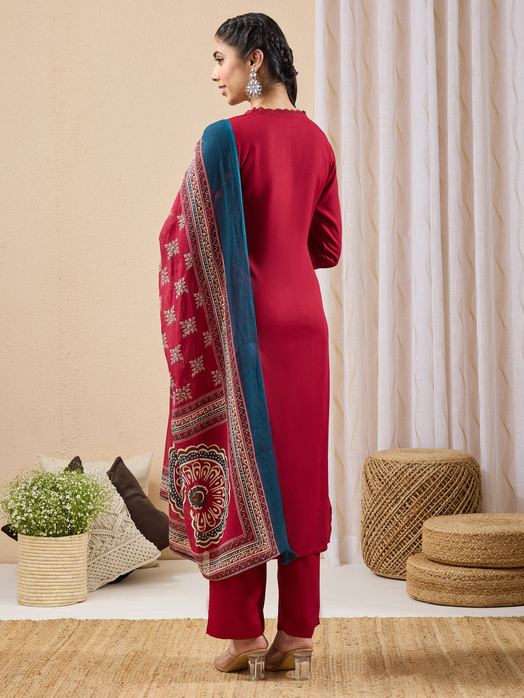 Janasya Maroon Straight Rayon Kurta,Bottom & Dupatta | Grocsy
