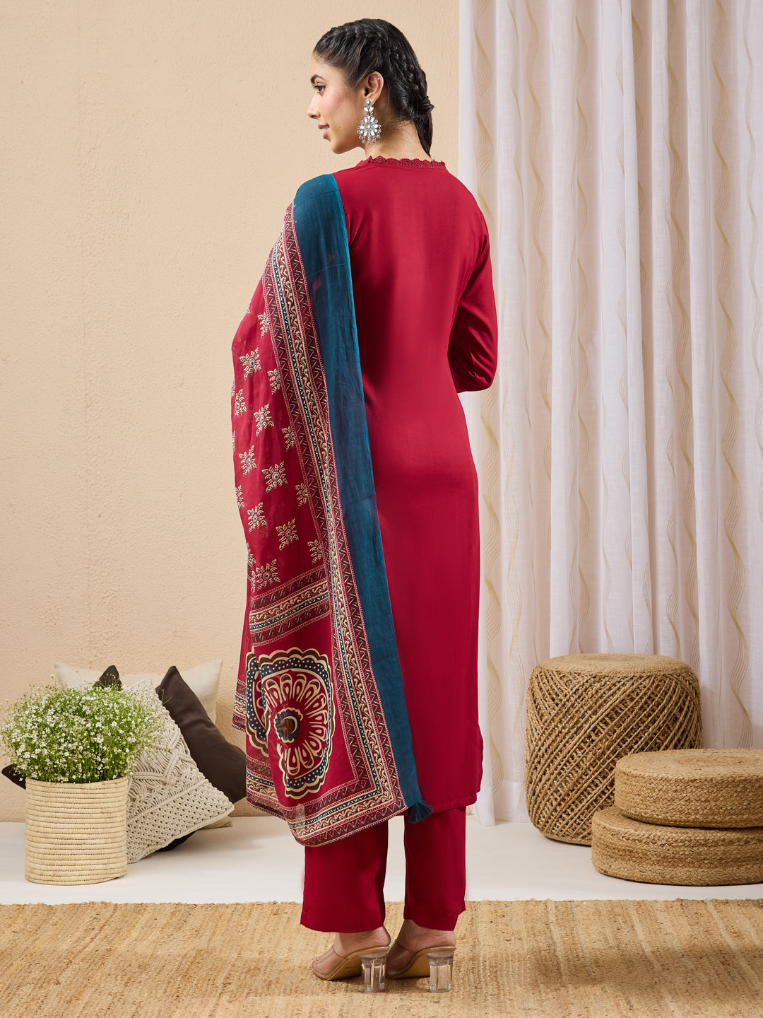 Janasya Maroon Straight Rayon Kurta,Bottom & Dupatta | Grocsy