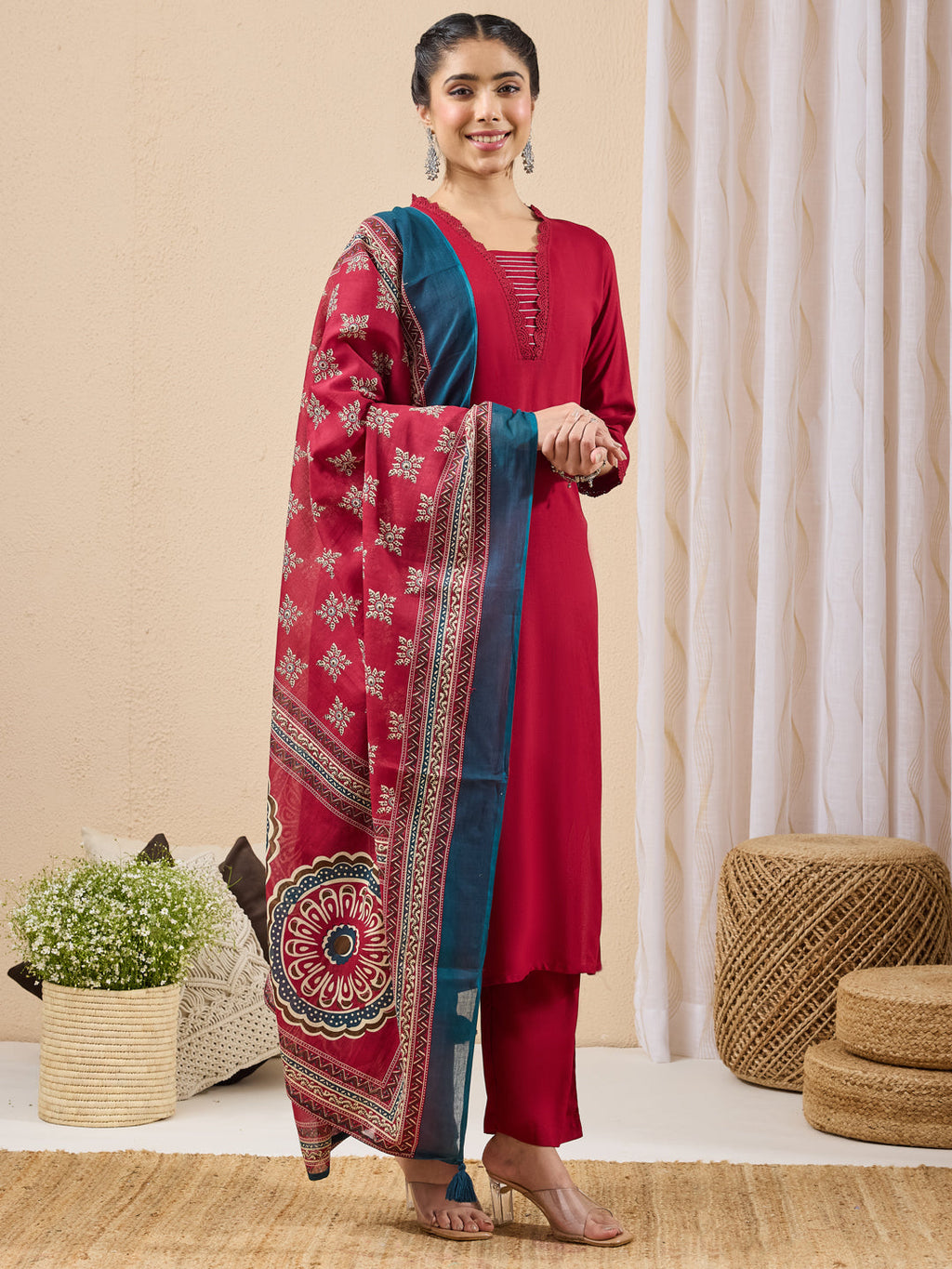 Janasya Maroon Straight Rayon Kurta,Bottom & Dupatta | Grocsy