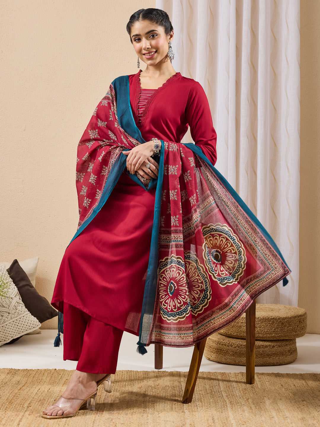 Janasya Maroon Straight Rayon Kurta,Bottom & Dupatta | Grocsy