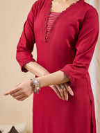 Janasya Maroon Straight Rayon Kurta,Bottom & Dupatta | Grocsy