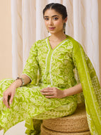 Janasya Lime Green Straight Cotton Kurta,Bottom & Dupatta | Grocsy