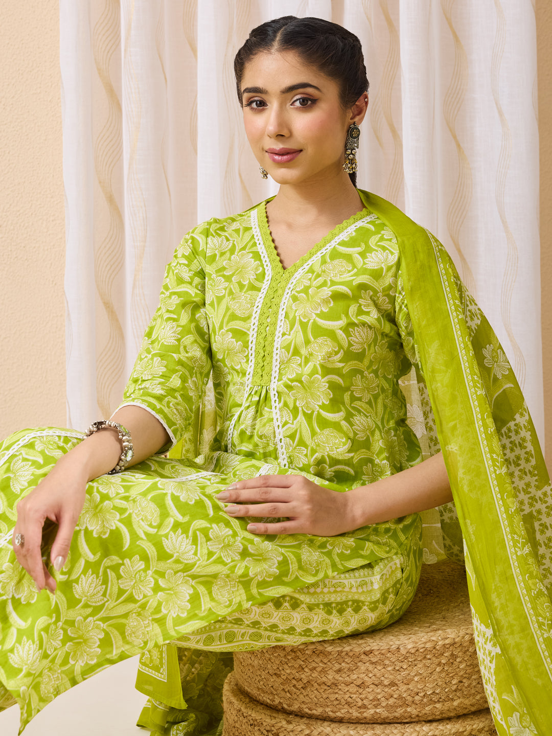 Janasya Lime Green Straight Cotton Kurta,Bottom & Dupatta | Grocsy