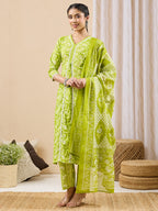 Janasya Lime Green Straight Cotton Kurta,Bottom & Dupatta | Grocsy
